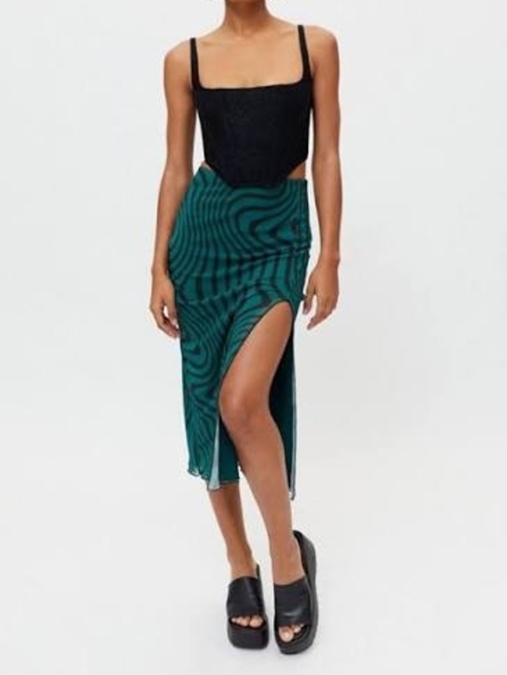 Green Zebra-Print Side-Slit Midi Skirt